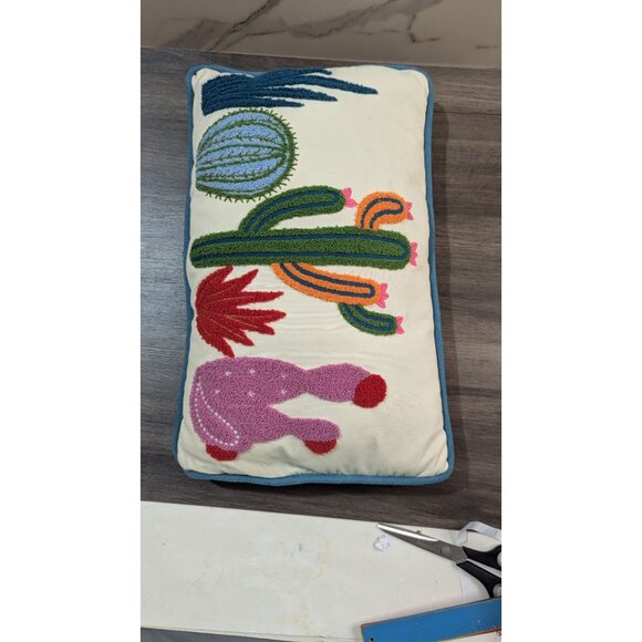 Cactus Embroidered Lumbar Pillow Decorative Cushion 16"x10" Multicolor Boho Acce - Picture 6 of 6